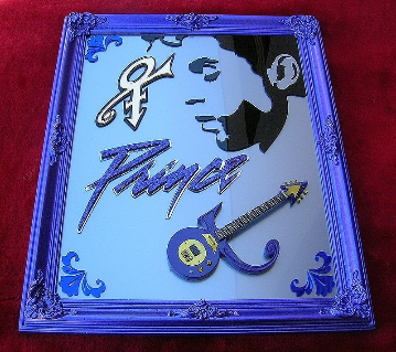 Description : This is a 24 x 19 inch candy apple purple framed 3D "one of a kind" artwork from John Hoyt ART.com  3D Acrylic mirror gold and blue plastic with minature "Prince" guitar on silver metalf